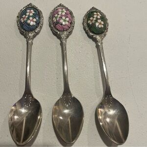 Vintage Silver-plated Floral Enamel Demitasse Teaspoons - Blue, Pink, Green